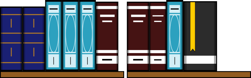 A diagram of a book shelf filled with books but arranged so that not all of the space is being used